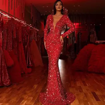 2020 Секси рокля с V-образно деколте за възрастни жени червено предварително вечерна рокля с дълги ръкави и пайети сватбена рокля, секси вечерна рокля за нощен клуб