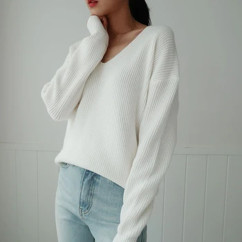 Mozuleva 2022 Базов V-образно деколте Монофонични есенно-зимния пуловер Жена вязаный пуловер в рубчик с дълъг ръкав Пуловер с високо качество