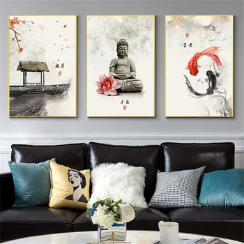 Живопис туш Статуя на Буда Живопис върху платно Стенно Изкуство златната рибка Плакат и щампи За хола Китайски стил Начало Декор Декор