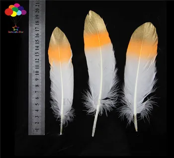 10шт естествена гъска перо премиум-клас 15-20 см/6-8 см бял оранжев опашката златна върха красива, за Сам костюм, маска, прическа