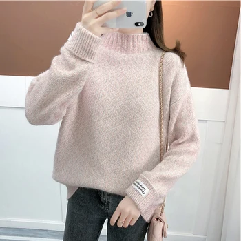 2021 Зимата женски пуловер Пуловер Модни поло с дълъг ръкав Свободен дебел основен жена топ Корейски есента вязаный пуловер