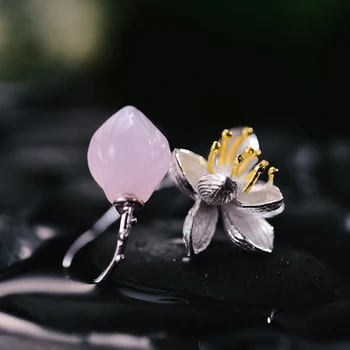 Lotus Забавни Момента Сребро 925 проба Натурален Розов Кварц Бижута Ръчно изработени Цвете Пръстен Lotus Whispers Пръстени за жени, Бижута