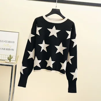 Високо Качество на Есента Корейската мода Ежедневни меки плетени блузи Звезди Жаккардовый пуловер Пуловер Женски жилетка с дълъг ръкав Pull Femme