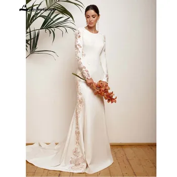 Блестящо атласное сватбена рокля русалка 2020 Robe Femme Елегантна сватбена рокля с дълги ръкави Плажни булчински рокли с дантела gelinlik