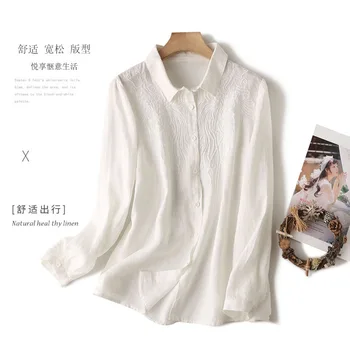 Памучен бельо риза Дамски дрехи Бродирана блуза копчета с дълъг ръкав Топ Женски Бял Офис женски Casual