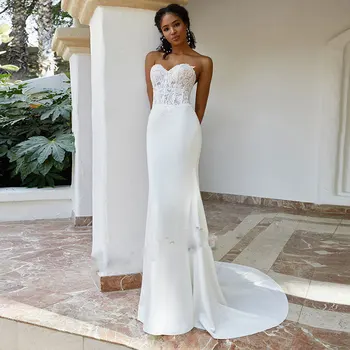 Сватбена рокля на Русалка За Жени 2022 Без презрамки и Дължина до пода Бяло Гражданско сватбена вечерна рокля Robe De Mariage 2021