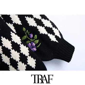 ТРАФИКА на Дамска мода Цвете бродирани Жаккардовая едрогабаритна вязаная сако Ретро пуловер с дълъг ръкав и кръгло деколте, Шикозни блузи
