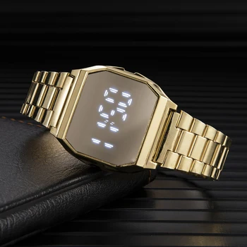 2021 Мода Луксозен Унисекс Розово Злато от Неръждаема Стомана, Стъкло LED Електронен Дисплей Сгъваема обтегач Мъжки дигитален часовник Relogios