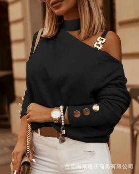 Извозването на веригата на рамото Декоративен пуловер Тениска Женска Есен 2021 Нова Мода Ежедневни Черна Абрикосовая блуза с дълги ръкави