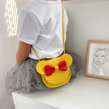 Детска момиче Карикатура Чанта през рамо с хубав мишка ухото Лък магнитна закопчалка от изкуствена кожа с цип Чанта за ключове Държач за карти, Мини-портфейл