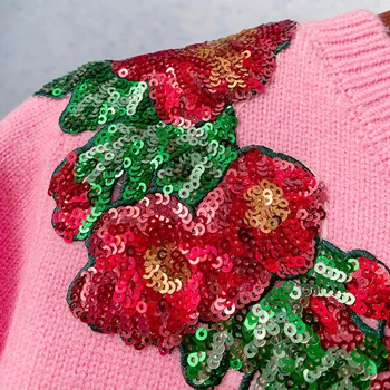 2022 Пролет Маймуна Пайети Бродерия висша Мода за Цветя Розов Пуловер Кръгъл Отвор Пуловер Жилетка Луксозен Дамски дрехи
