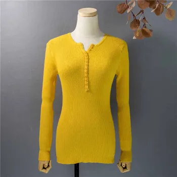 Есента универсален женски вязаный пуловер пуловер Корейски женски пуловер с V-образно деколте Зимата тънък женски жилетка с дълъг ръкав Трико 11071