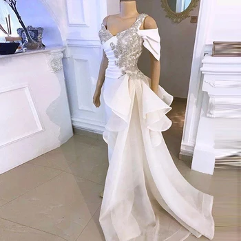 Африкански бели вечерни рокли, Дълги Луксозни 2021 с открити рамене бродирани мъниста кристал пола Дубай дамски официалната сватба парти Вечерна рокля
