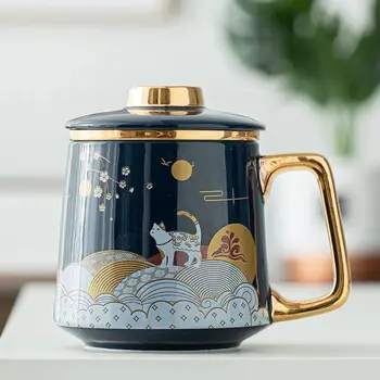Кафеена Чаша Креативна Керамична Чаша за чай Филтър за разделяне на чай с капак, Чаша китайски стил Подарък кутия за домашния офис