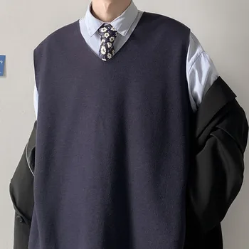 Есенен пуловер, Жилетка Мъжка мода Случайни вязаный пуловер с V-образно деколте Мъжки корейски Свободен ден за ден обикновен пуловер, Жилетка, Мъжки дрехи