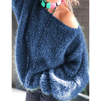 Плюс Размер 2021 Есен Зима с дълъг ръкав Дамски блузи, Пуловери Свободни извънгабаритни Секси с кръгло деколте вязаный топъл пуловер Женски жилетка