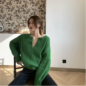 Вязаный пуловер с V-образно деколте За жени Свободните пуловери с открити рамене с дълъг ръкав 2021 Есен зима Ежедневни блузи зелен