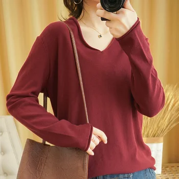 Пролет и есен нов стил памук женски пуловер вязаный с качулка с дълъг ръкав свободен плюс размера на жена пуловер