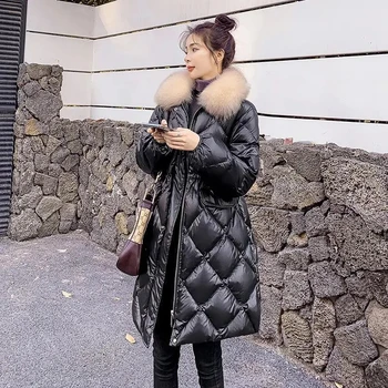 Корейската мода Тънка талия За жени на средна дължина Топло палто Кожа яка от Плътен цвят на Пухени паркове с памучна подплата Зимни дебели дамски яке