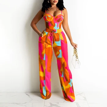 2021 Летни дамски костюми Casaul от две части Комплекти без ръкави, с цветни блокчета с цип отзад, отгоре на бретелях и широки панталони с контрастни штанинами