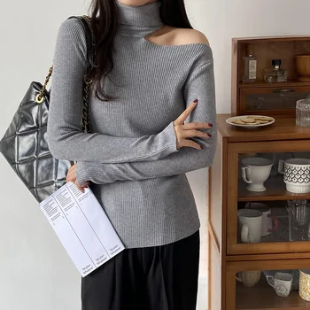 Zohoha 2021 Есента корейски секси пуловер без презрамки Тънък уютен пуловер с дълъг ръкав Домашен стил Модерен женски пуловер