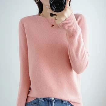 Вълнен пуловер от чиста вълна за Есен/Зима 2021 Нов дамски пуловер с кръгло деколте Корейската мода Плетени Блузи, Плюс Размера на Жена Жакк