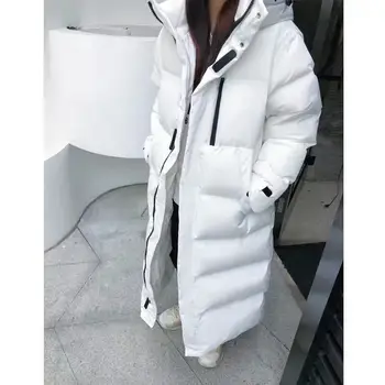Зимни дамски пухени якета Бели широки сгъстено топли с качулка Корея модерен бутик за дрехи с памучен хастар