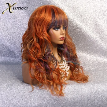 XUMOO Синтетични перука от высокотемпературного влакна, с дълги Вълнообразни вълнообразни вълни, Оранжево Модел Перука с бретон, Cosplay, Не Дантела Перуки За жени