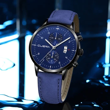 CUENA Мъжки часовници Най-добрата марка на Луксозни Кожени Ежедневни кварцови часовници за Мъже, Военни, Спортни Водоустойчив Часовник Сини часовници Relogio Masculino