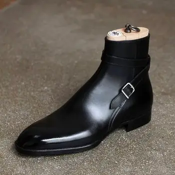Черни мъжки модни генитални есенно-зимни ботуши на нисък ток с катарама от изкуствена кожа класически удобни бизнес обувки Челси KA728