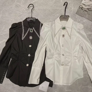 Елегантна риза с кристали копчета, Модни дамски плиссированная блуза от коприна, дамски однотонная блуза с дълги ръкави, Топ, Пролетно облекло 2022 г.