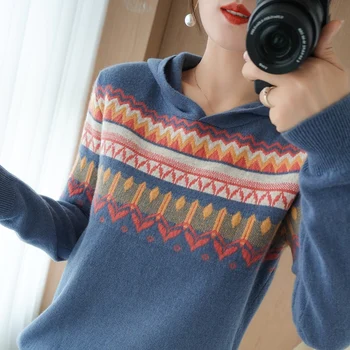 Нов пуловер с качулка от чиста вълна за жени, есенно-зимен пуловер за самоусъвършенстване, подходящ по цвят вълнен пуловер с дълъг ръкав