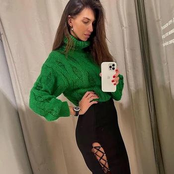 Пуловер с висока воротом пуловер 2021 новият есенно-зимния топъл женски пуловер модерен кухи зелени елегантен външен младежки пуловер за жени