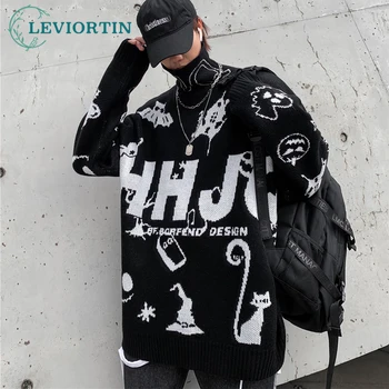 LEVIORTIN Мъжки забавни мультяшные букви Жакард пуловери, Черни Свободните пуловери с високо воротом в стил хип-хоп Пуловер Пуловер за двойки