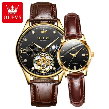 OLEVS 2021 Луксозни Класически мъжки механични часовници Двойка Автоматични часовници Кухи Часовници с турбийоном Кожени Водоустойчиви часовници за двойки