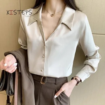 Елегантни сатенени ризи за жени Офис женски луксозни блузи от изкуствена коприна Дамски блузи Femme Blusas с дълъг ръкав Дизайнерски блузи 2021